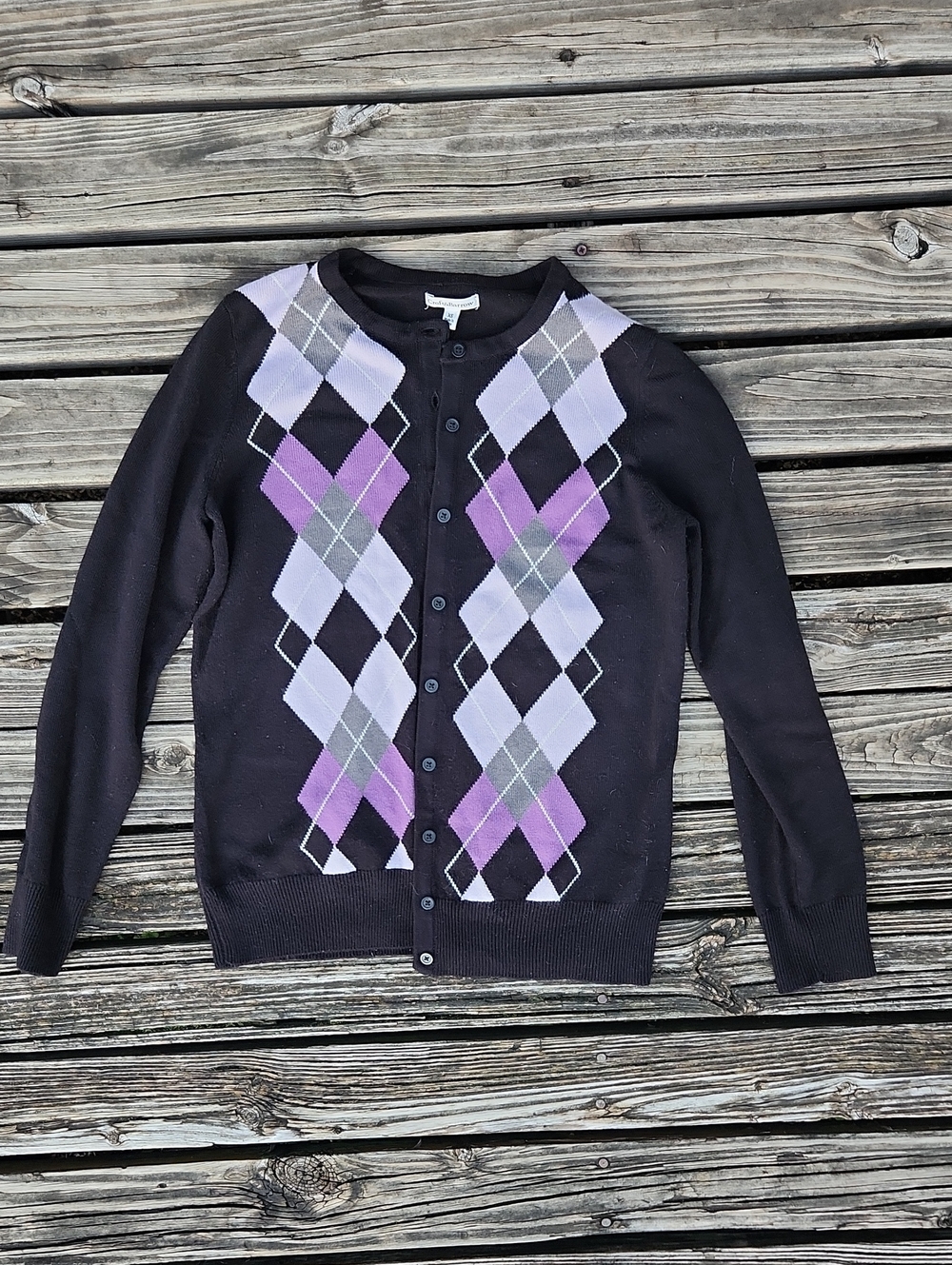 Croft & Barrow XS Black Purple Lavender Argyle Preppy Cardigan Sweater Button Up